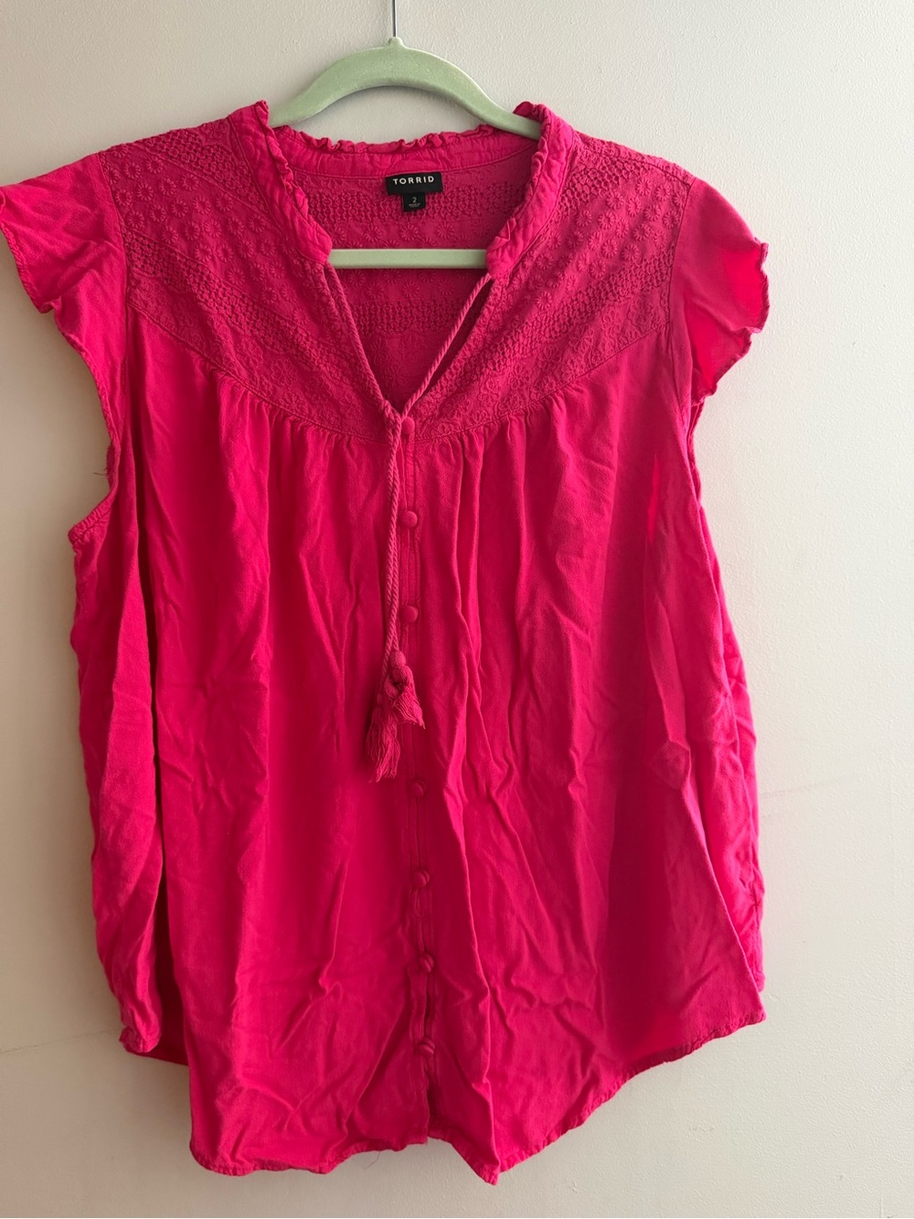 torrid Hot Pink Tassel V-Neck Lace Yoke Blouse